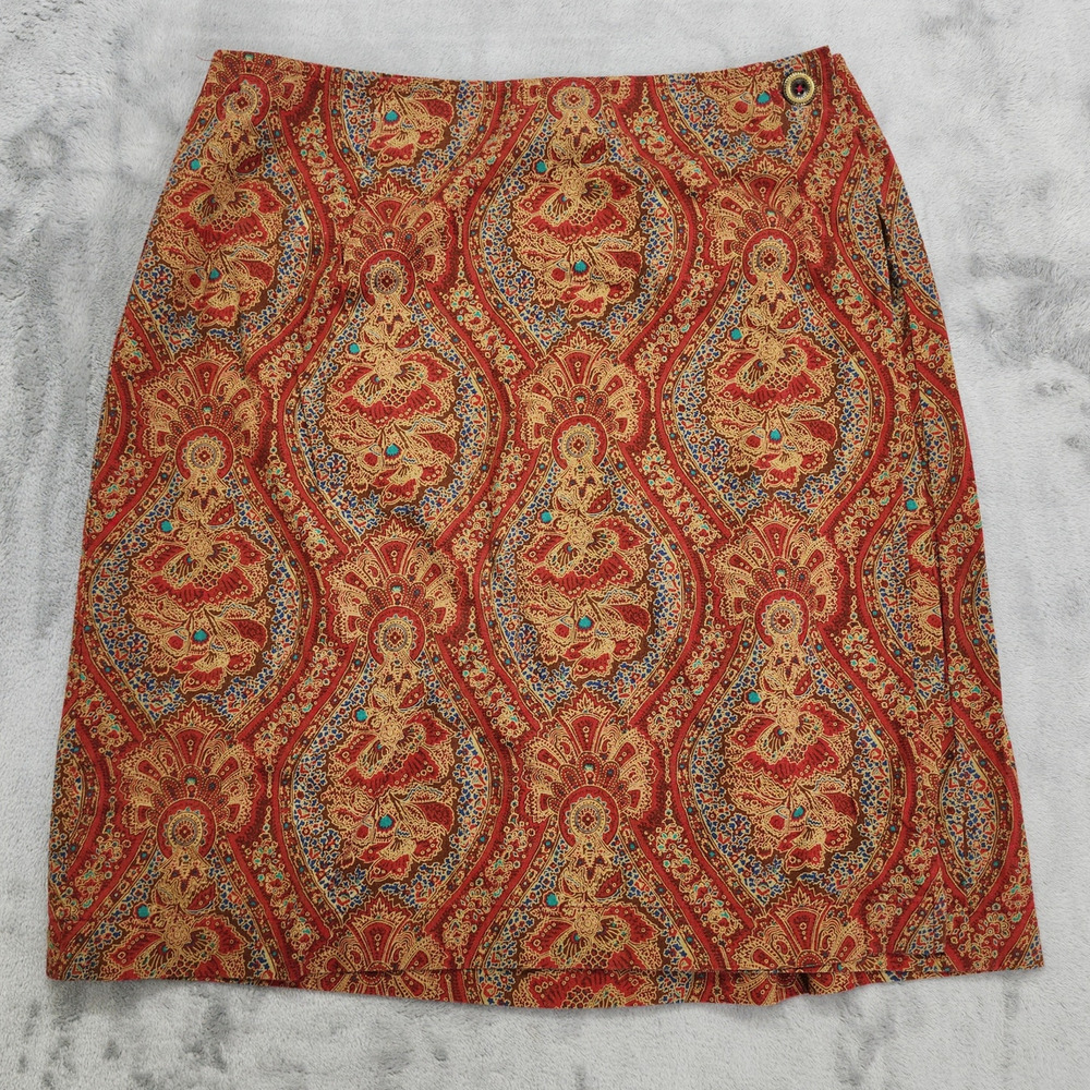 Vintage 80s LizSport Skirt Womens 14 Red Tan‎ Floral Cotton Wrap Pencil Preppy